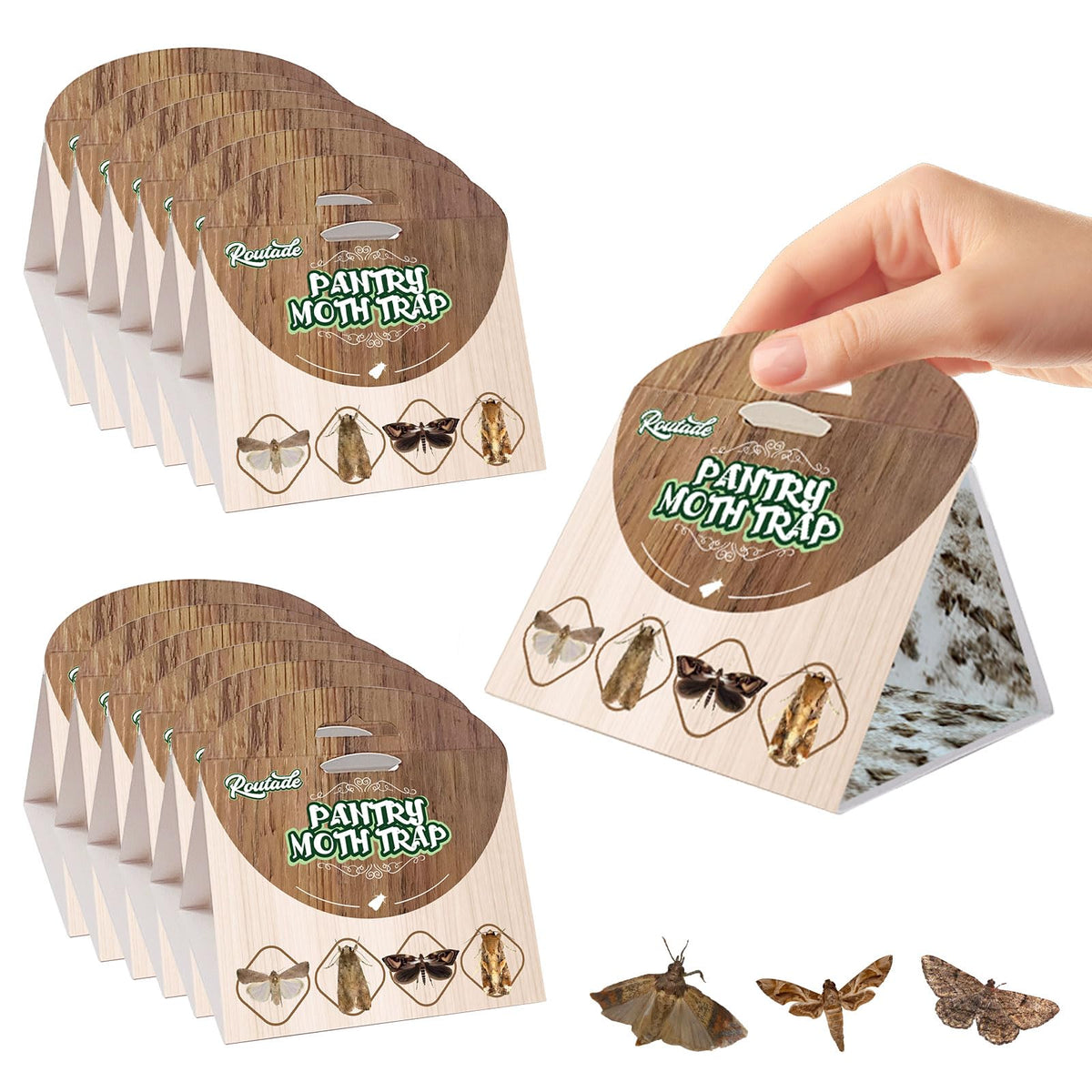Routeade pantry moth trap folded for quick placement in kitchen or pantry.