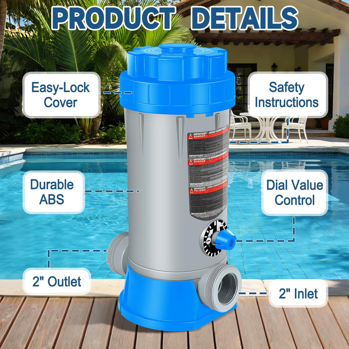 RovPool 9lb chlorine feeder capacity reduces refills for pools.