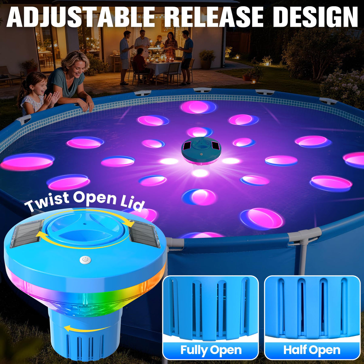 RovPool chlorine floater with 12 adjustable vent slots for precise chlorine release.