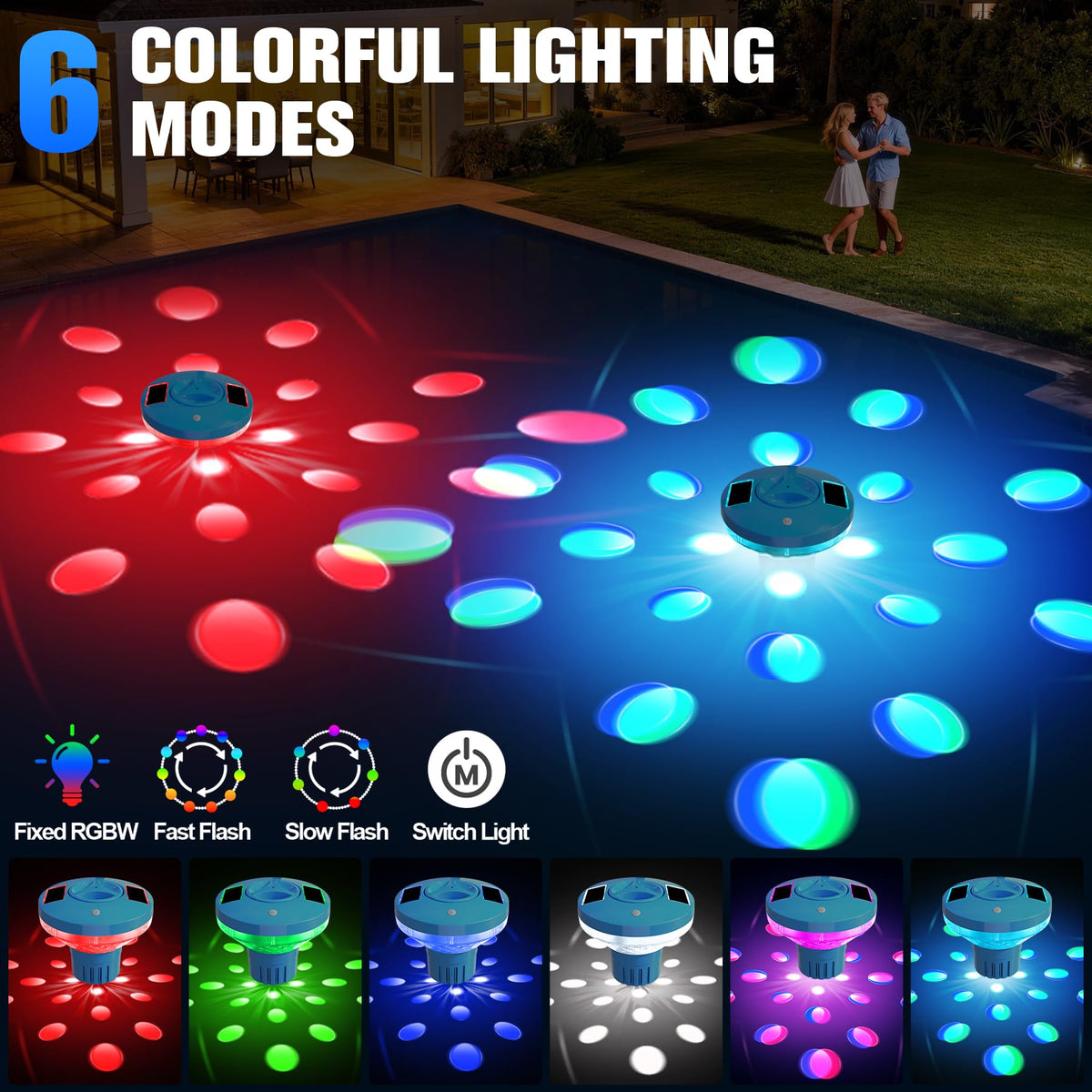 RovPool chlorine floater lit at night with six lighting modes.