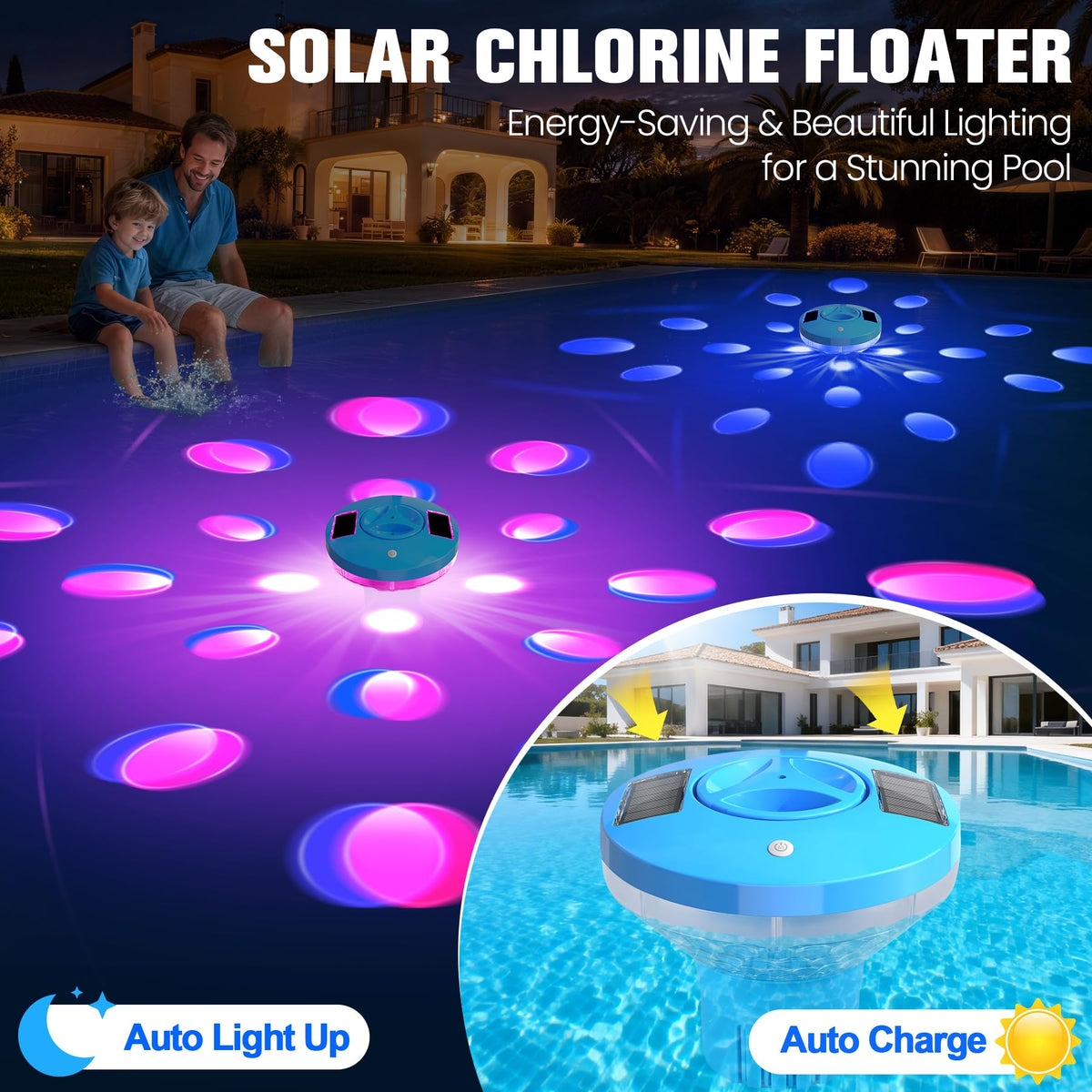 RovPool chlorine floater showing solar panels charging in daylight.