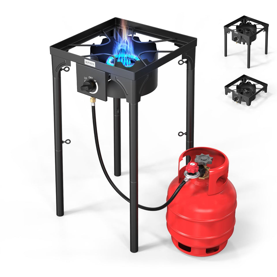 ROVSUN 100000-BTU stove undergoing quick outdoor assembly for fast cooking setup