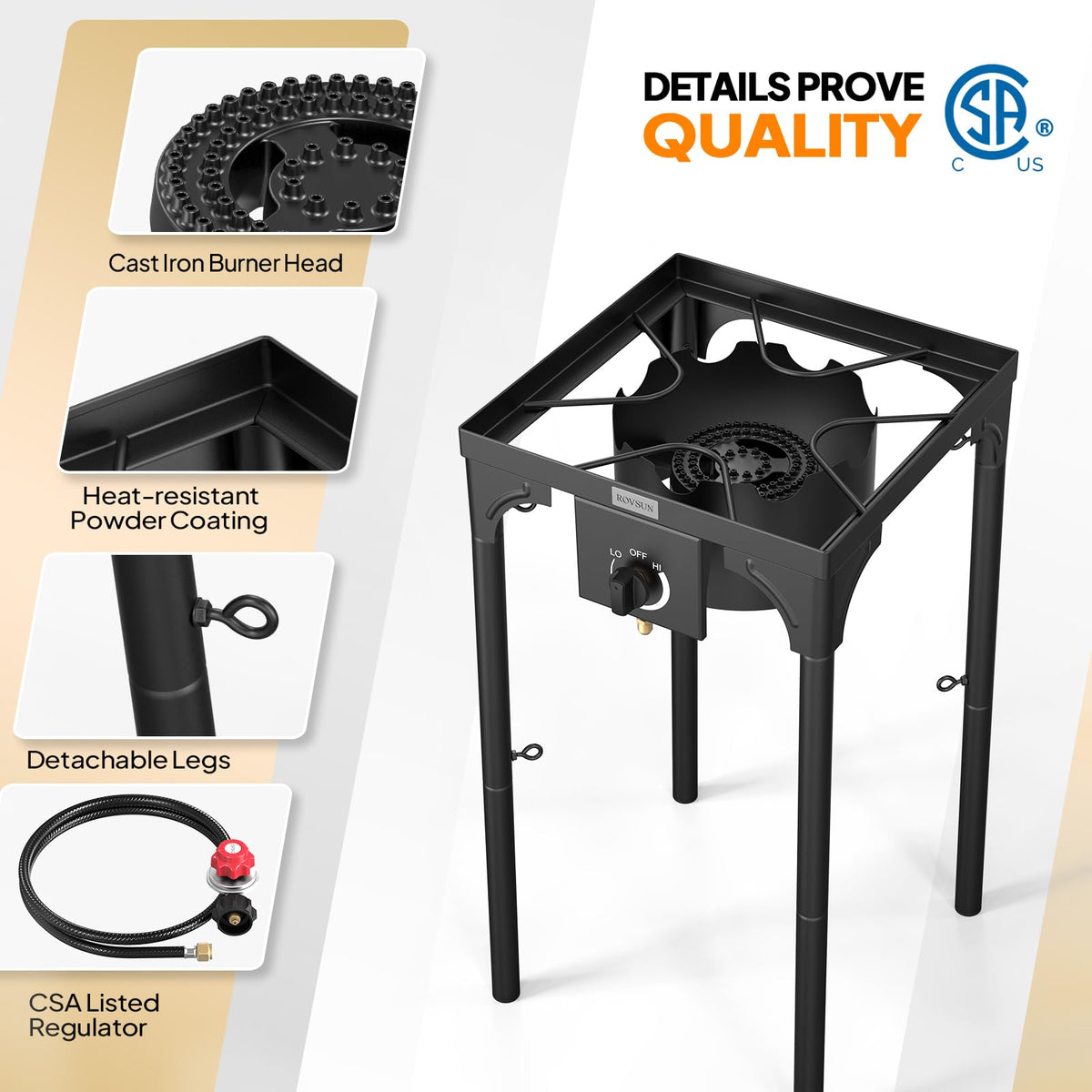 Sturdy cast-iron frame of ROVSUN stove supports heavy pots outdoors