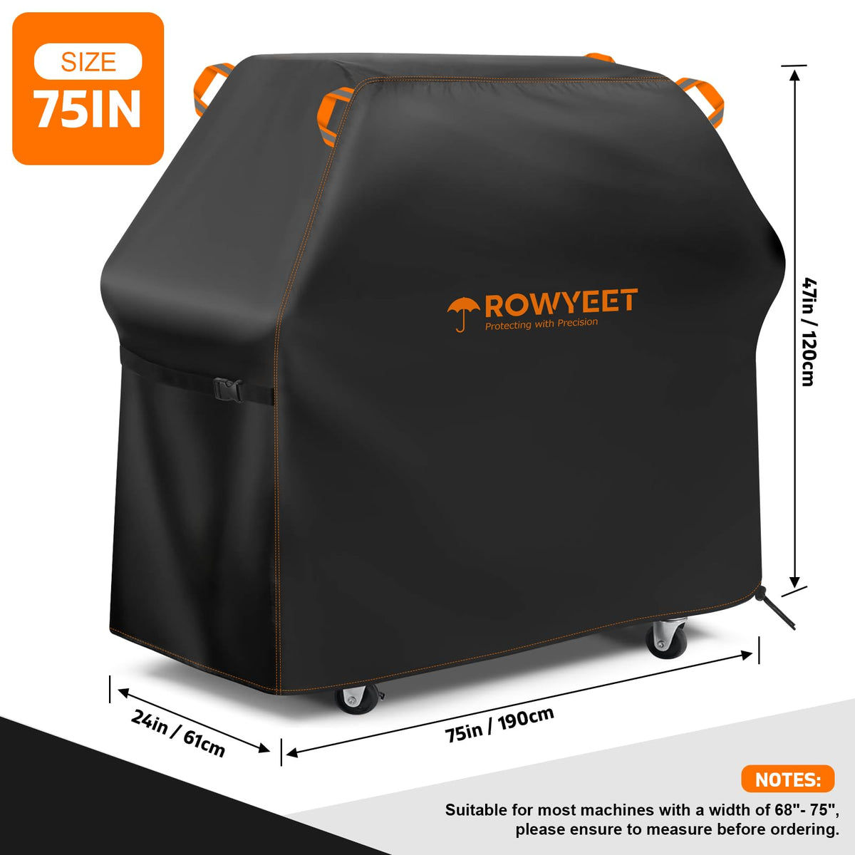 ROWYEET grill cover in oxford fabric offers durable protection and clear access to adjustable hem.