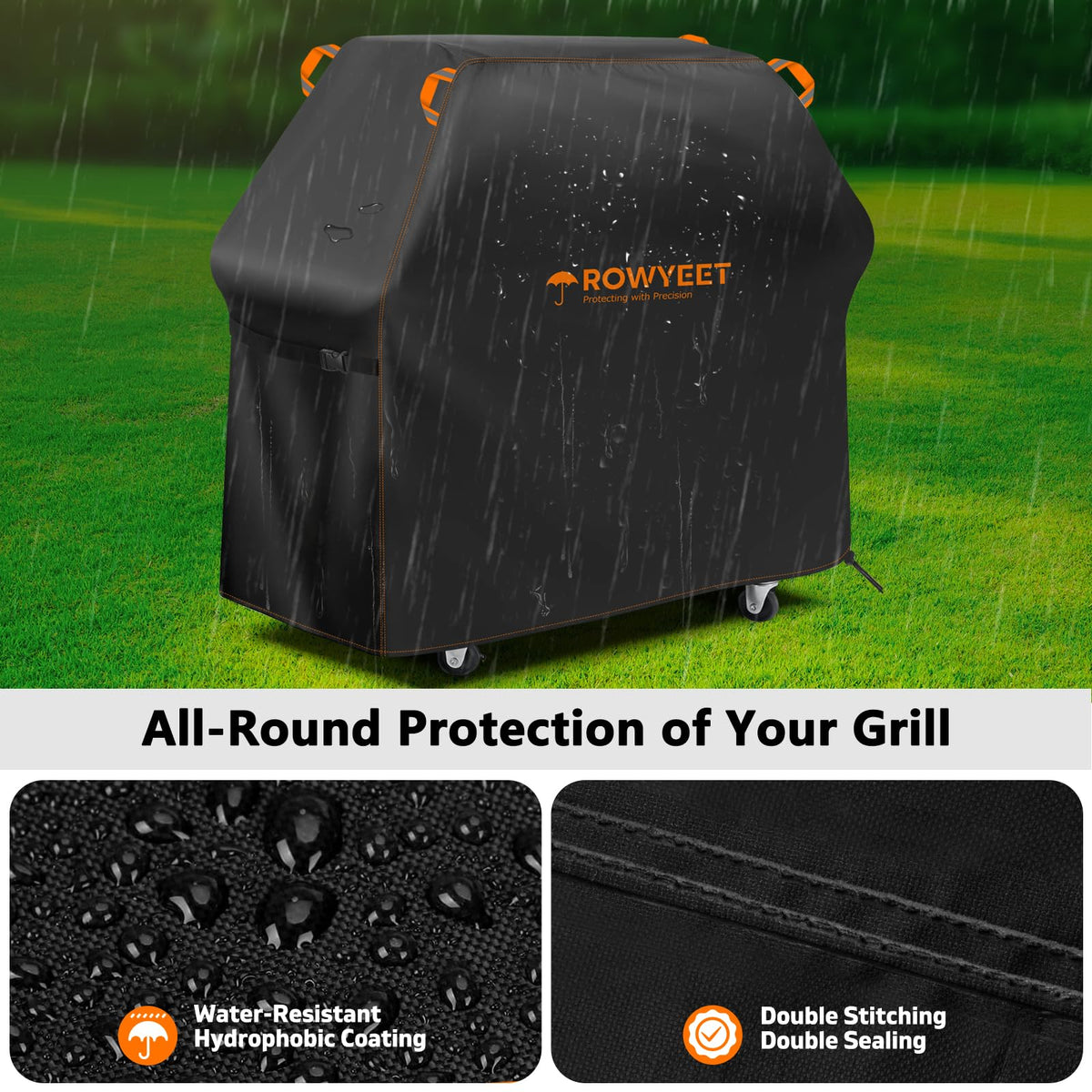 ROWYEET grill cover showcases reflective handle visibility for safe movement at night.