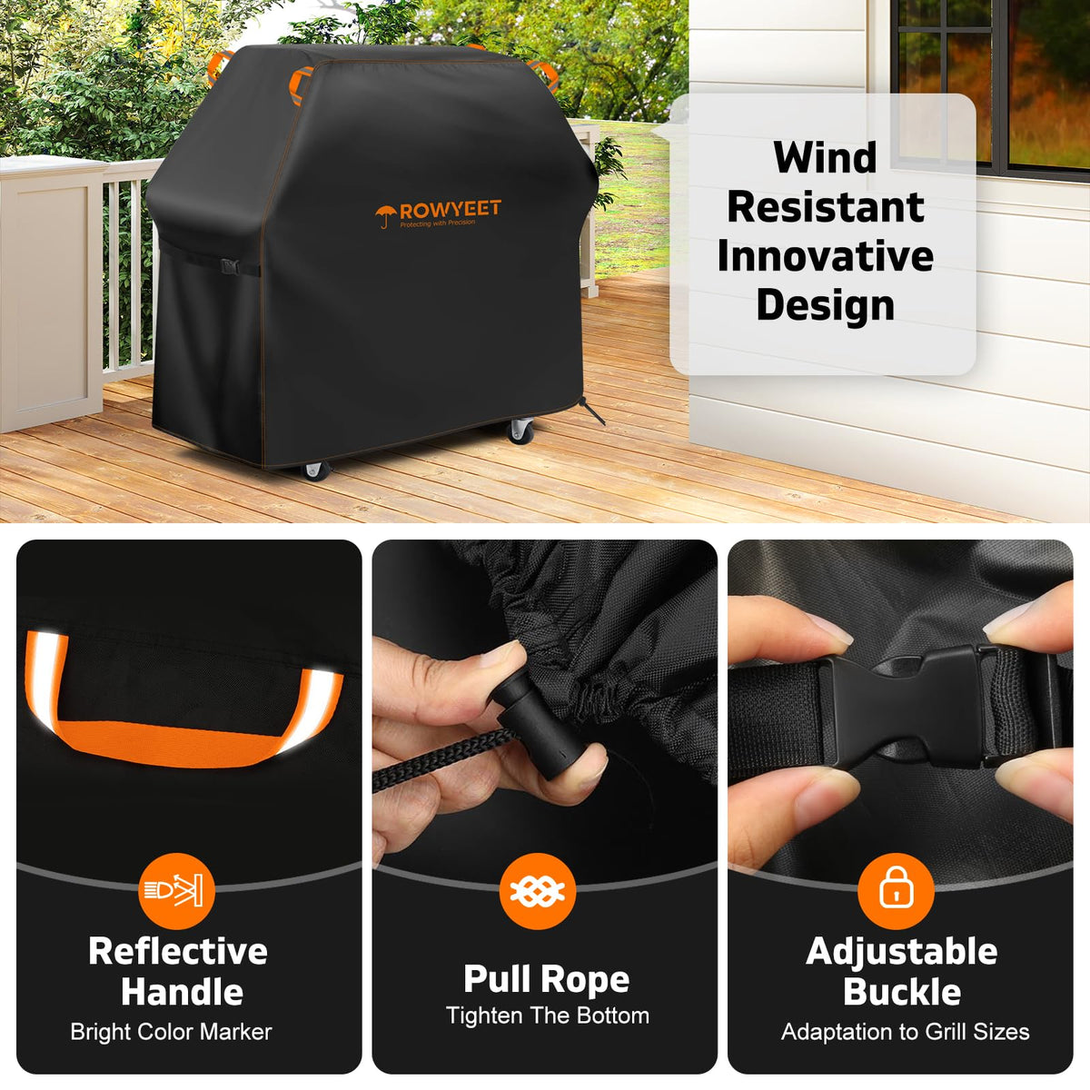 ROWYEET universal-fit cover for 45-75 inch grills protects Weber, Nexgrill, Char-Broil.