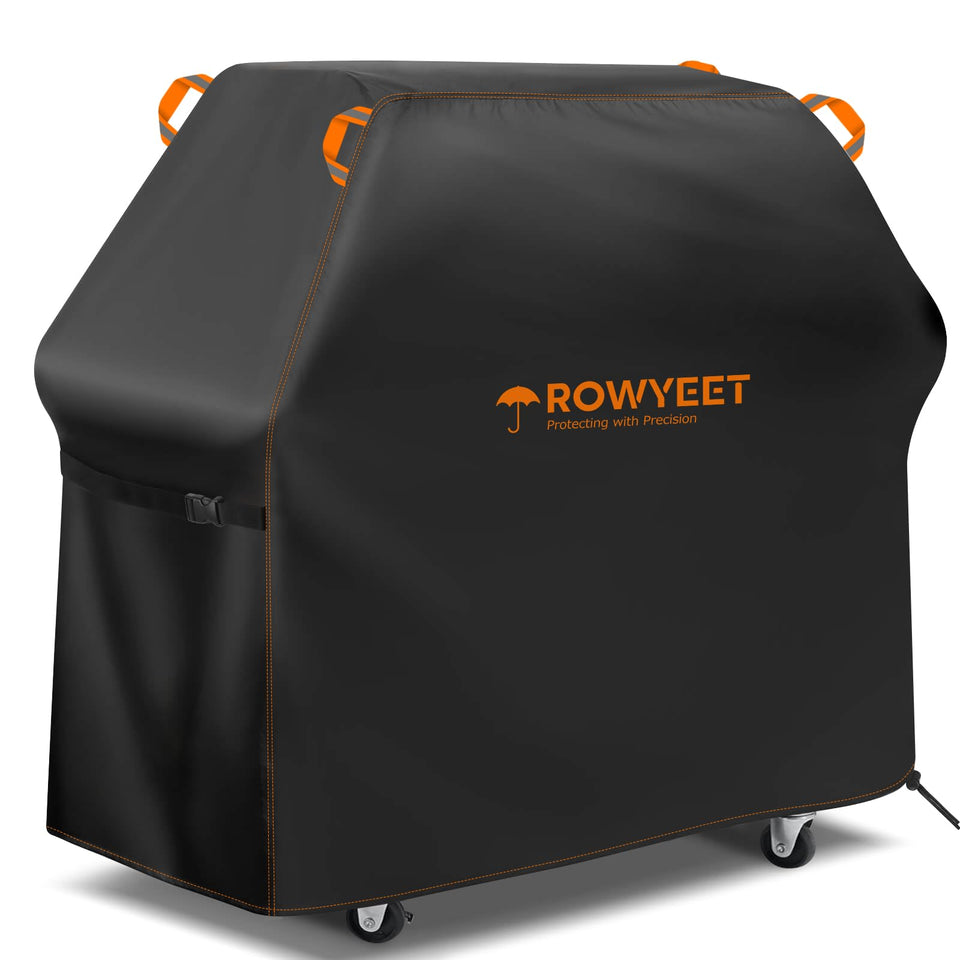 ROWYEET grill cover with universal fit shields Weber-style grills from sun, rain, and dust.