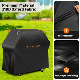 ROWYEET grill cover features wind-resistant straps for secure placement during breezy evenings.