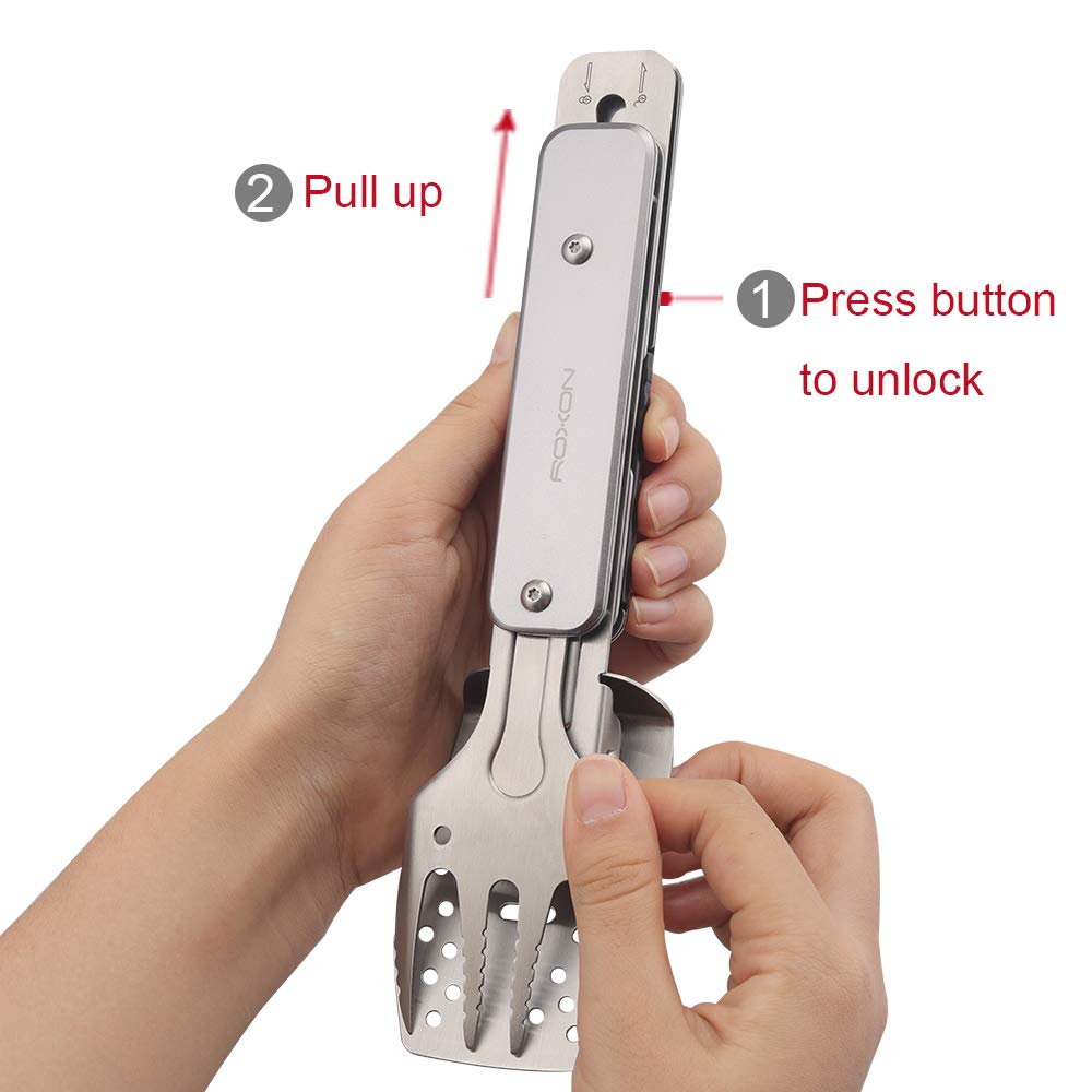 ROXON 4-in-1 mini folding BBQ fork compact for easy food pickup on trails
