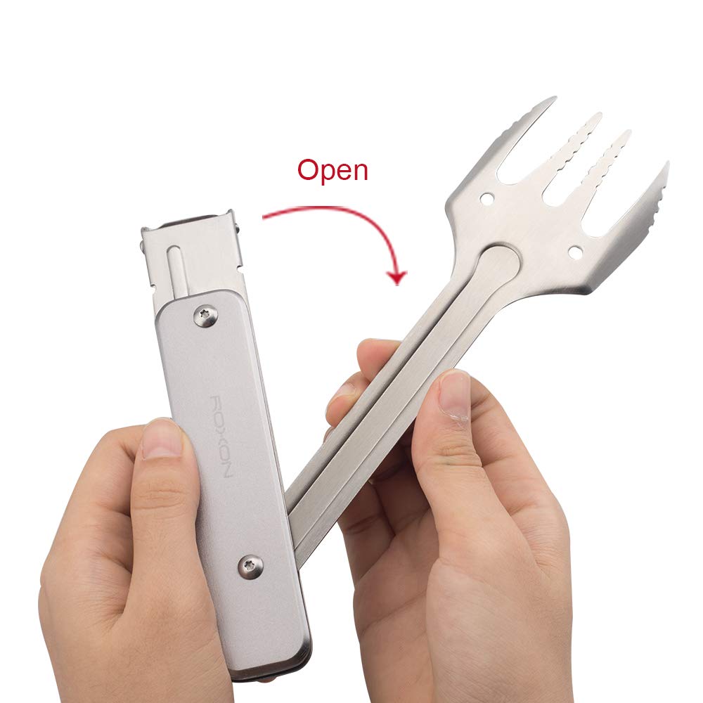 ROXON 4-in-1 mini folding BBQ tongs with secure grip for camping grills