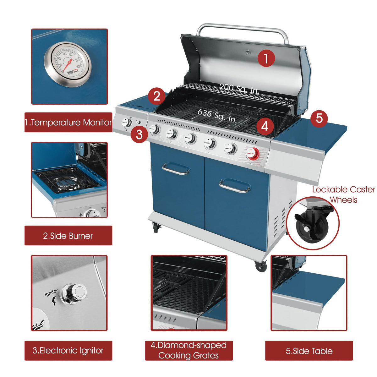 Royal Gourmet GA6402B porcelain-enameled grates for even heat distribution