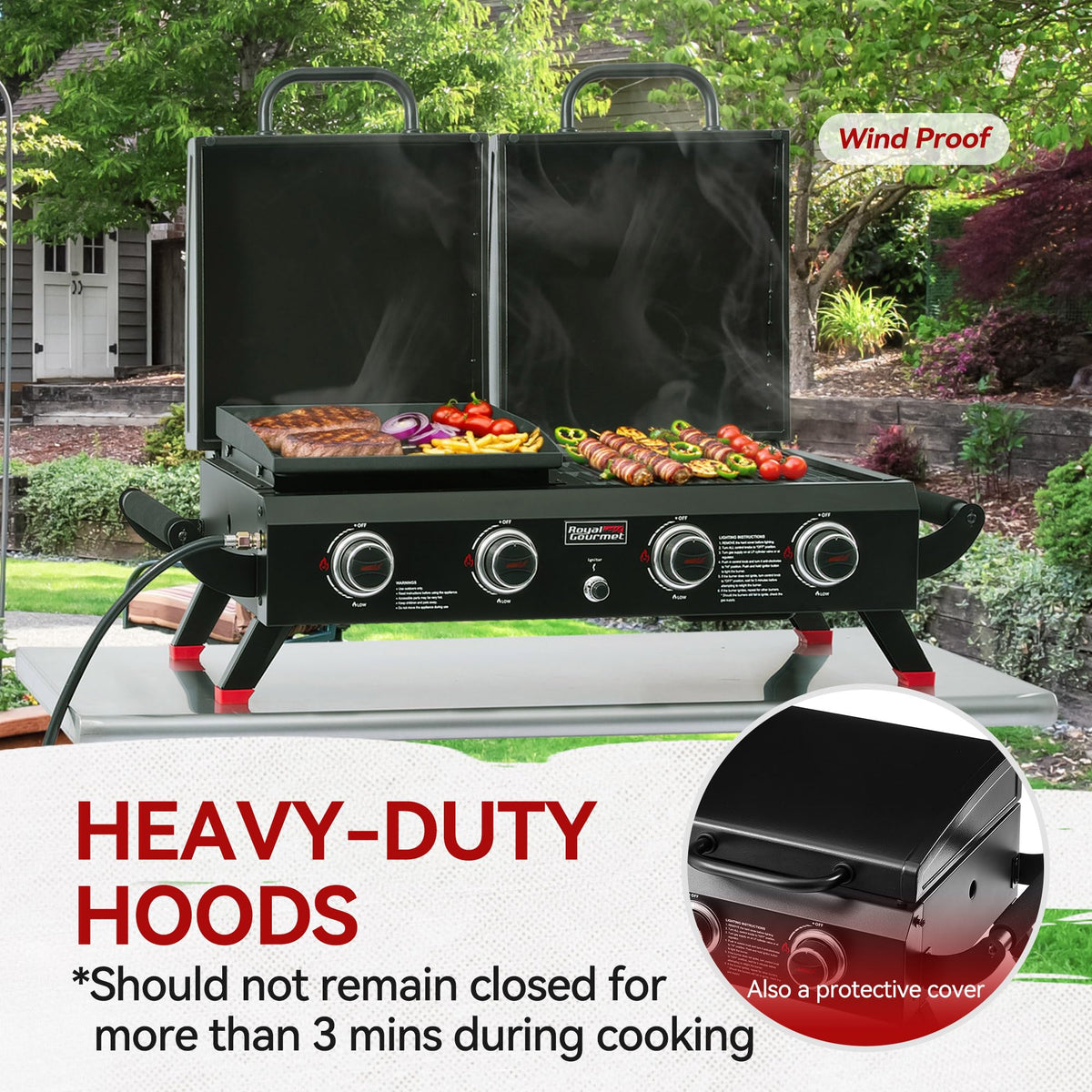 Royal Gourmet GD4002TP regulator and hose included for propane setup.
