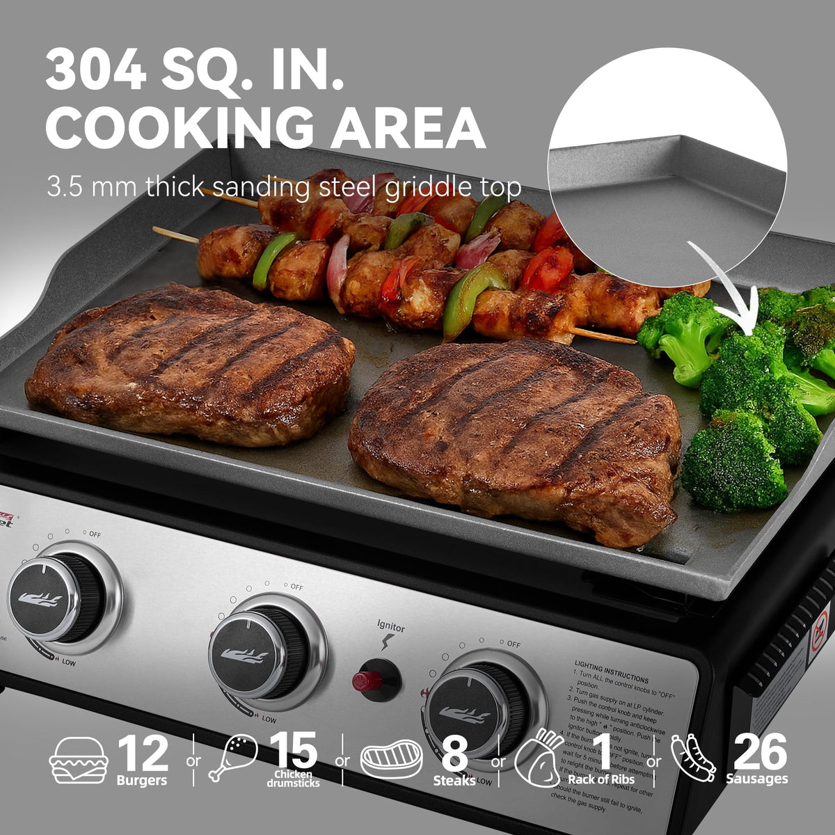 Sturdy feet stabilize the griddle on uneven outdoor surfaces.