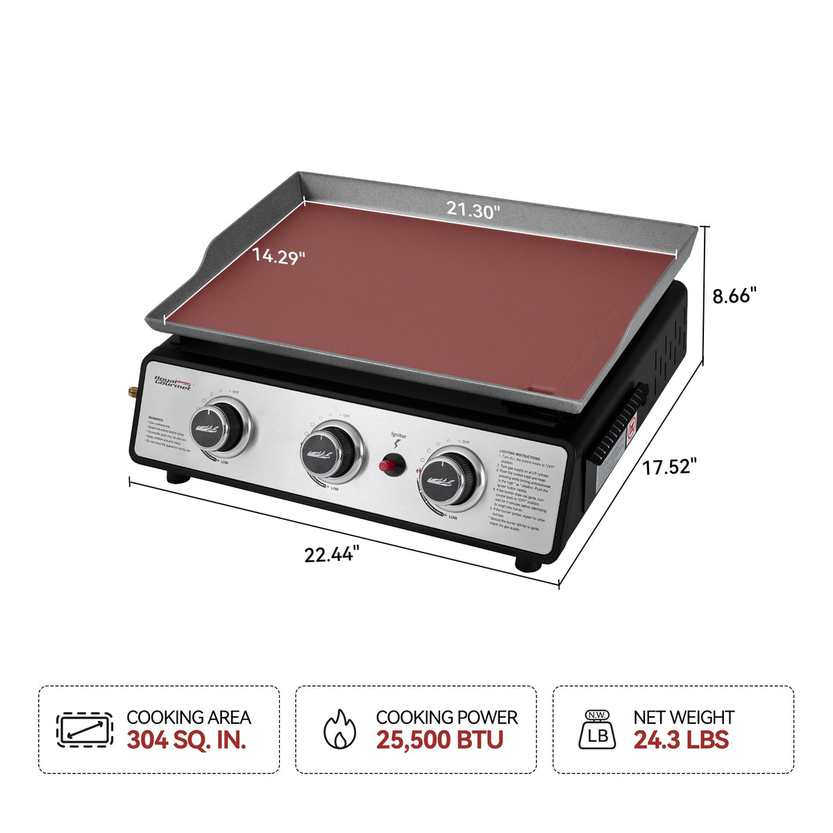 Detachable griddle top and grease cup simplify outdoor cleanup.