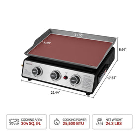 Detachable griddle top and grease cup simplify outdoor cleanup.