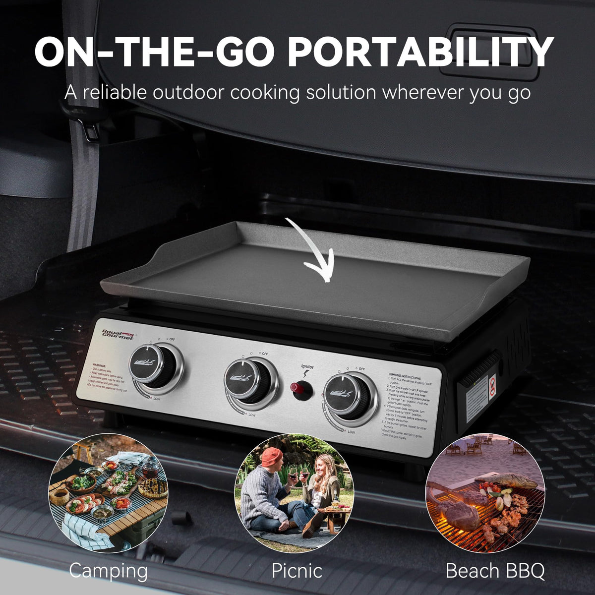 Piezo ignition enables quick starts without matches.