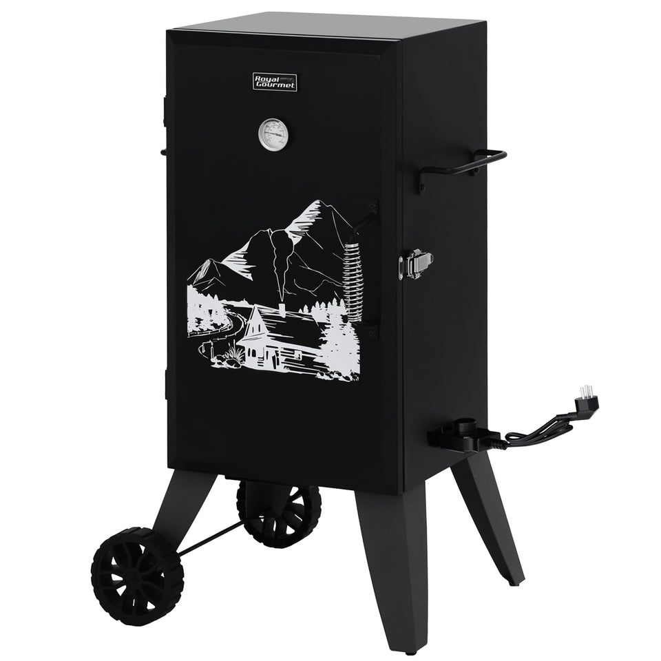 Royal Gourmet SE2805 exterior black showing compact outdoor smoker for backyard feasts.