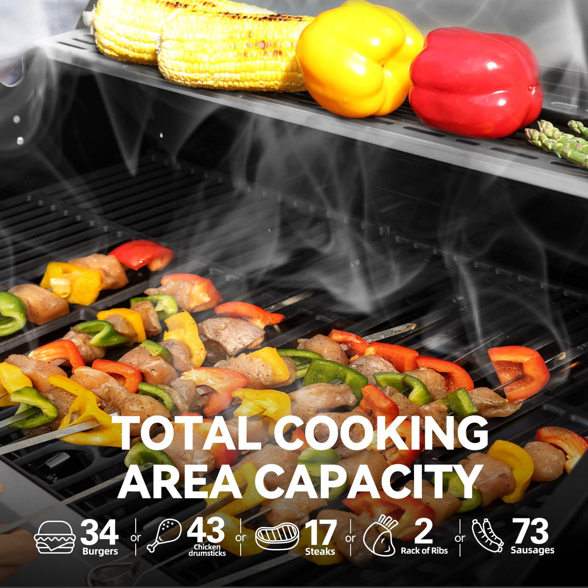 Five main burners lit beneath the grill for even cooking