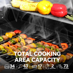 Five main burners lit beneath the grill for even cooking