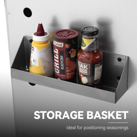 Side shelves with hooks keep grilling tools within reach