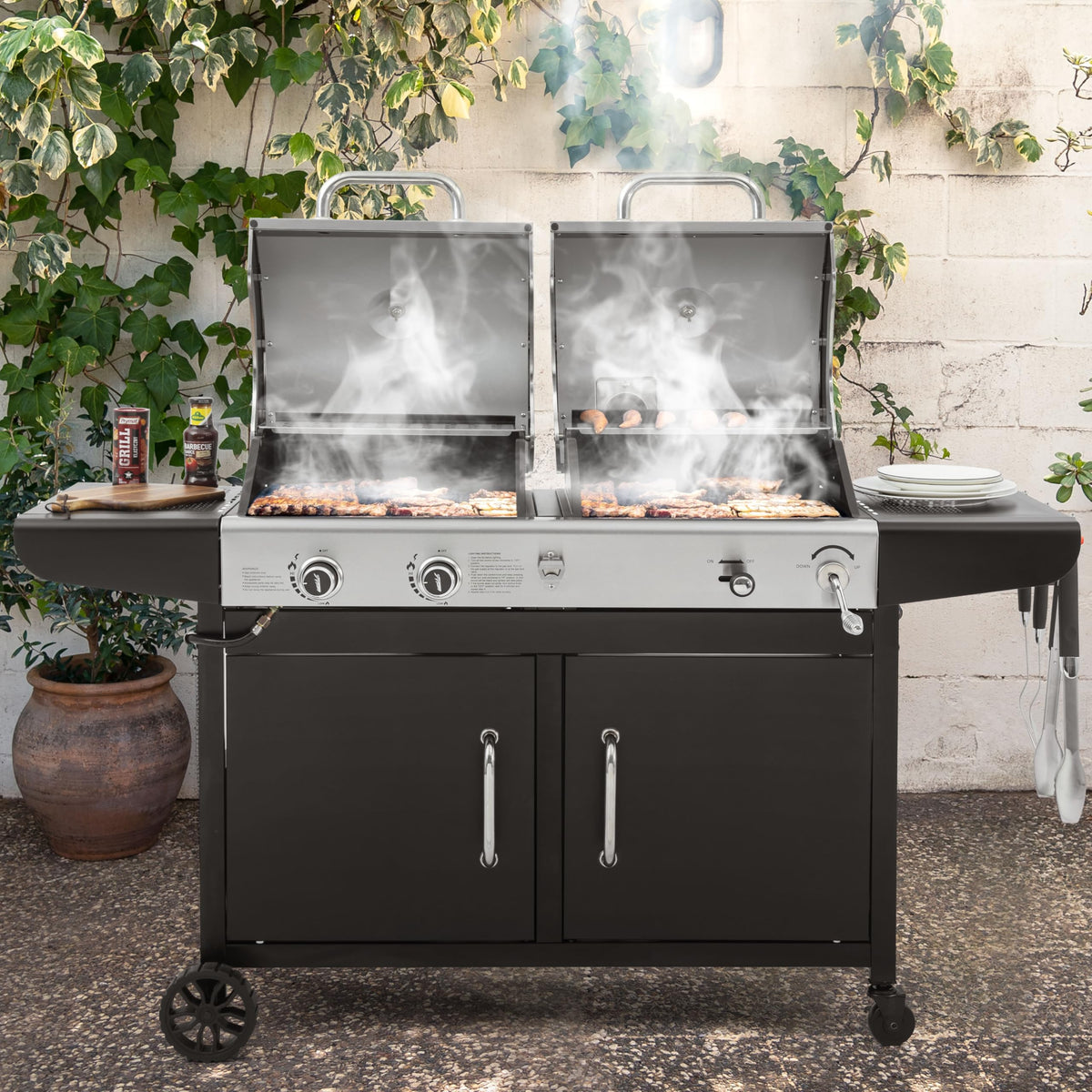 ZH3002N charcoal and gas setup side-by-side to show flexible grilling styles by Royal Gourmet.
