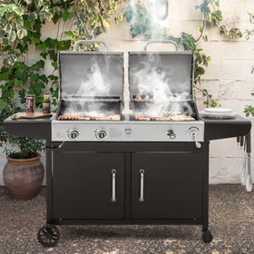 ZH3002N charcoal and gas setup side-by-side to show flexible grilling styles by Royal Gourmet.