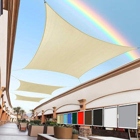 Royal Shade 10x13 beige rectangle sun shade sail over a patio for cool comfort.