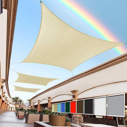 Royal Shade 10x13 beige rectangle sun shade sail over a patio for cool comfort.