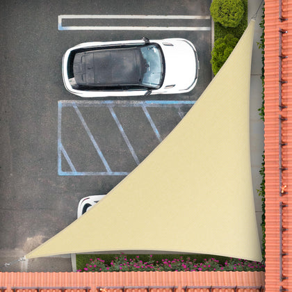 Royal Shade beige right-triangle sail set up for shade and up to 95% UV blockage.