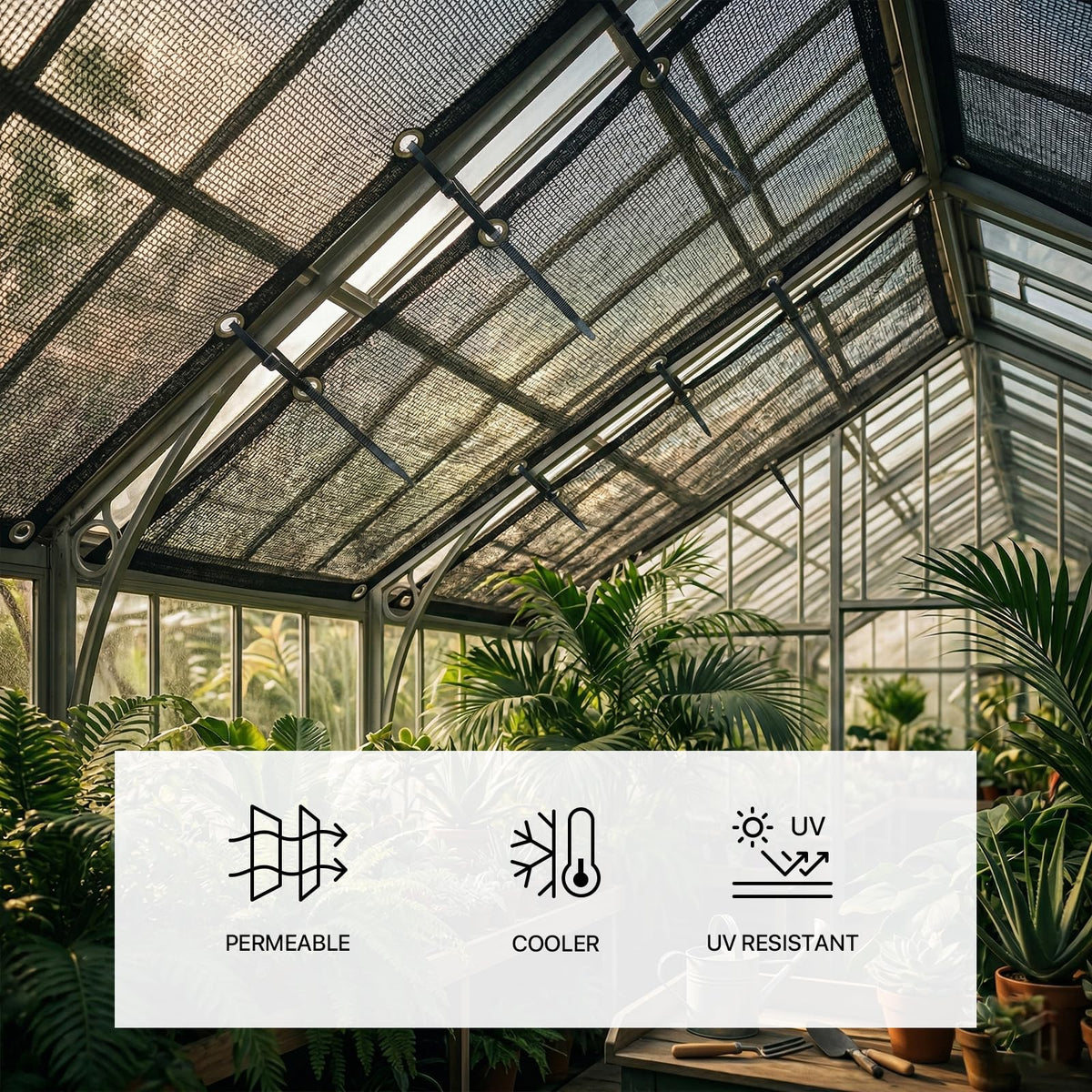 Royal Shade patio shading cloth protecting outdoor seating and plants