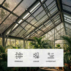 Royal Shade patio shading cloth protecting outdoor seating and plants