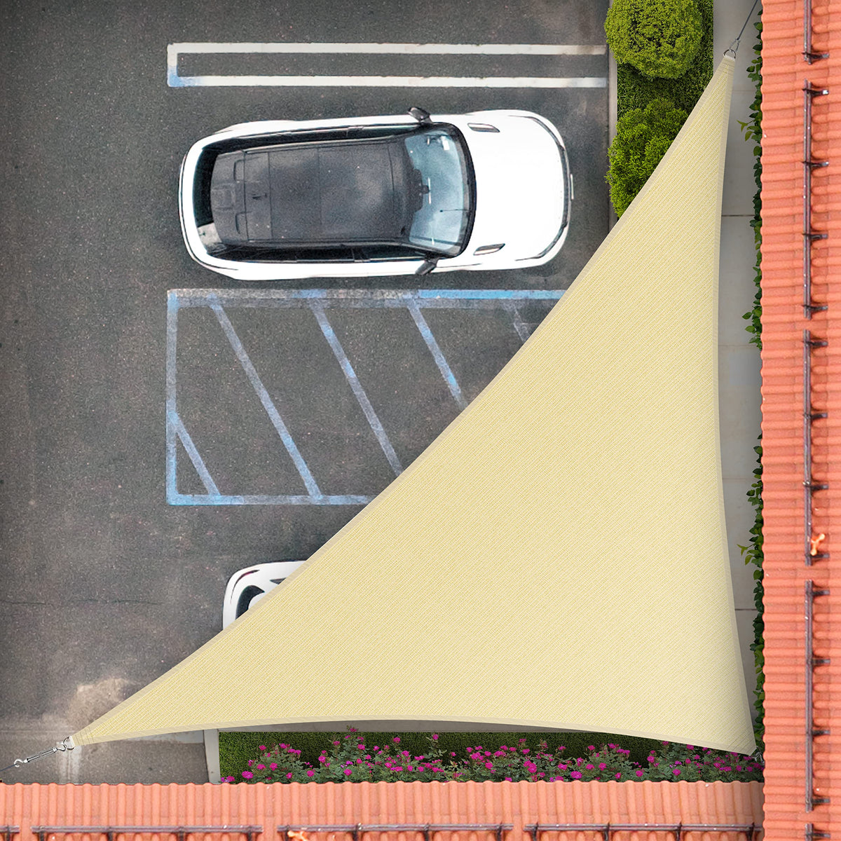 Royal Shade beige triangle shade sail blocks up to 95% UV for cooler outdoor seating.