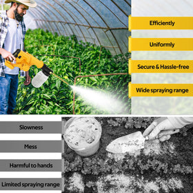 User applying diatomaceous earth powder in a garden corner with Rozlchar duster.
