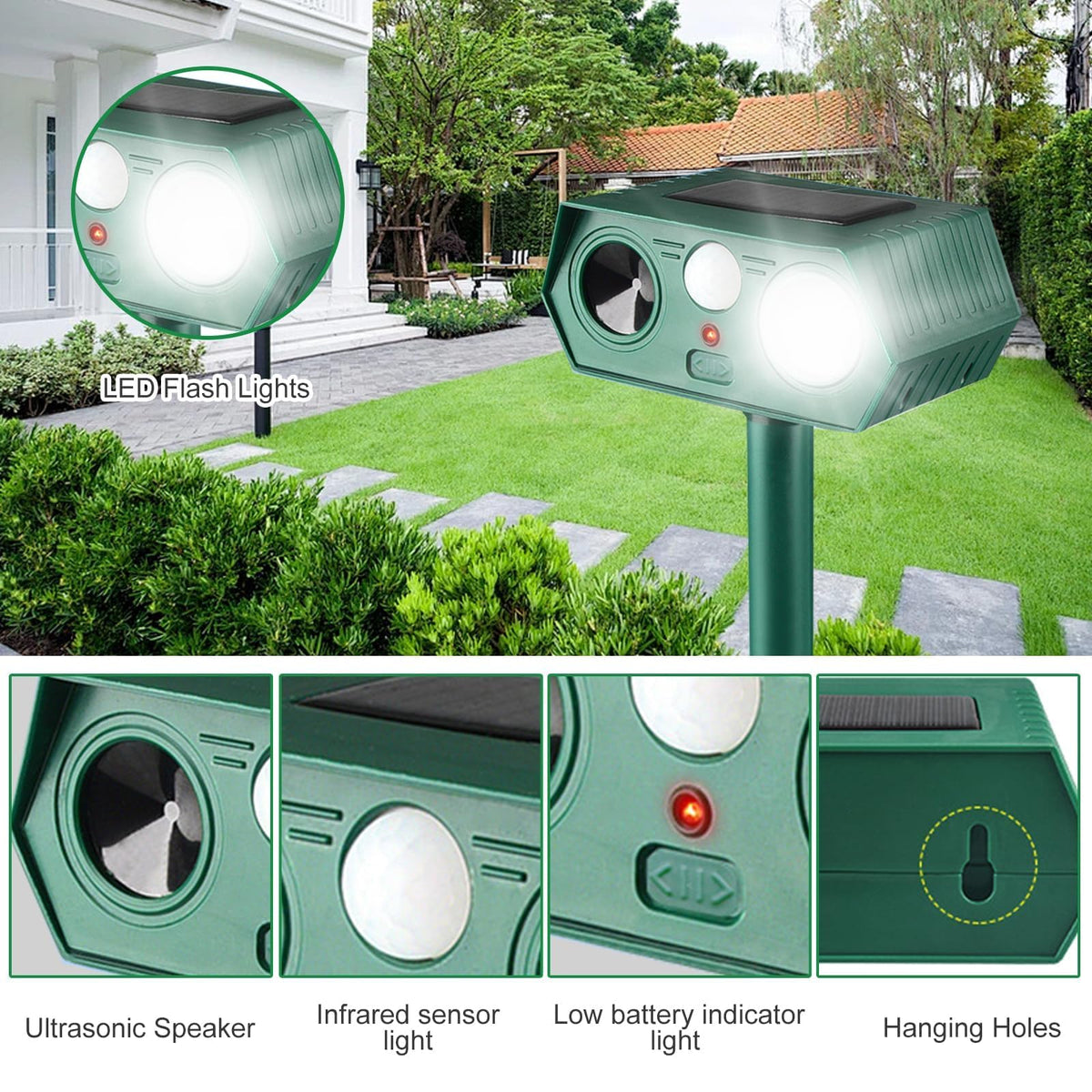 RQQN 2025 solar animal repeller side view shows motion sensor for protection