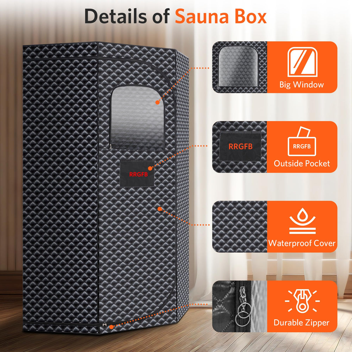 RRGFB portable sauna full view highlighting space and portability.