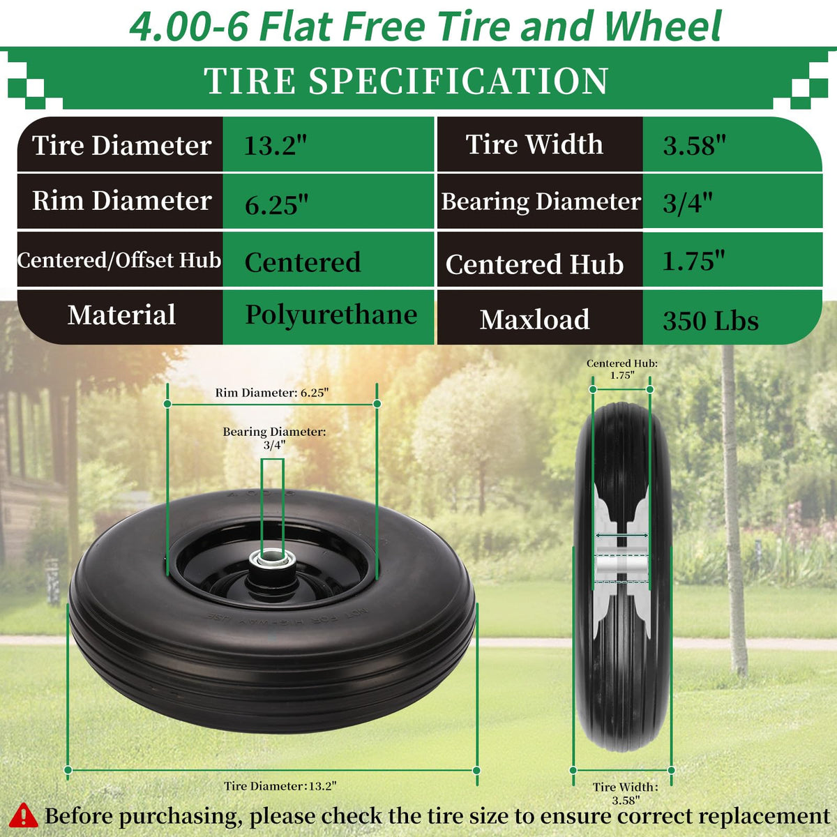 RRQ solid tire with no inner tube for lasting performance on rough terrain.