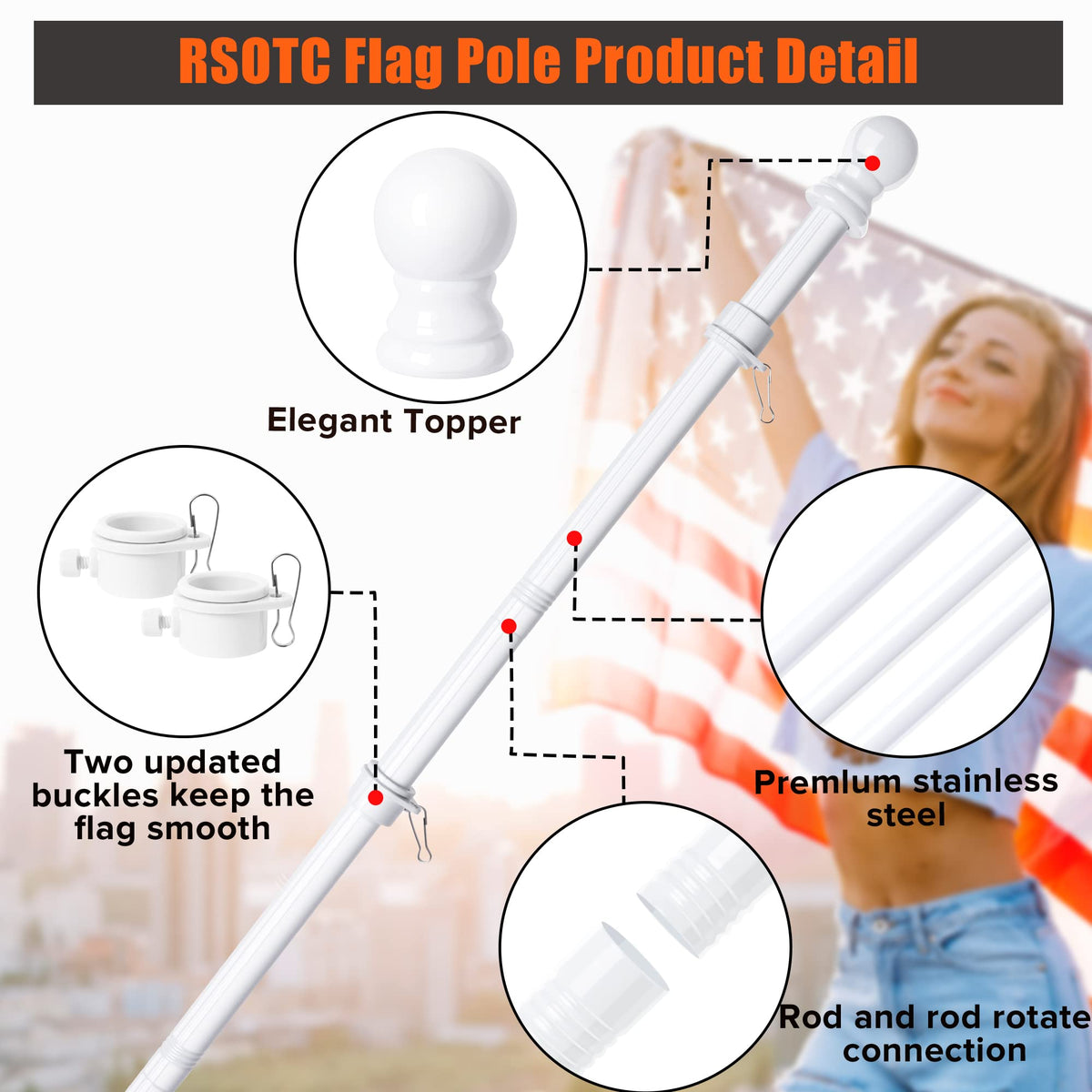 RSOTC adjustable-length flag pole supports 2x3 to 4x6 flags