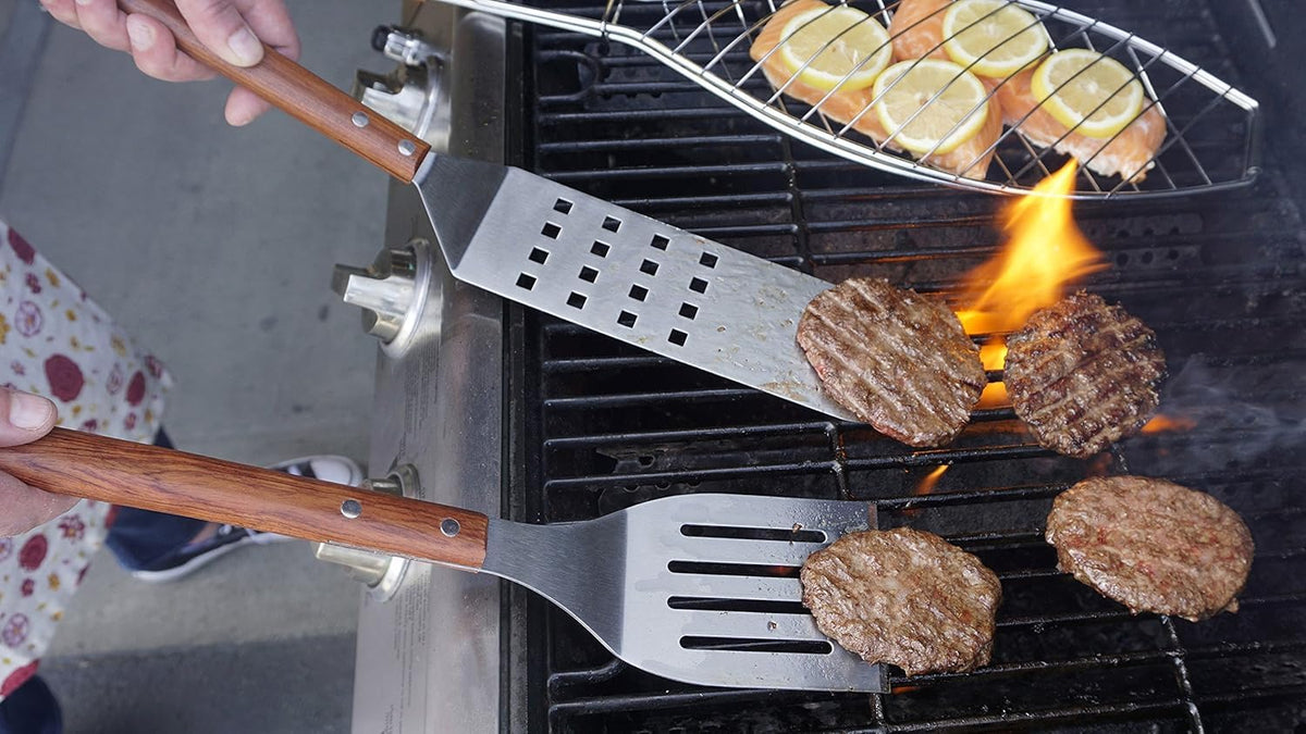 Smooth flipping action helps burgers and veggies land evenly on the grill