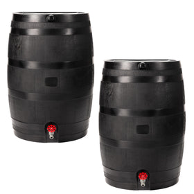 RTS Home Accents eco rain barrel 50-gallon two-pack ready for garden irrigation and water savings.
