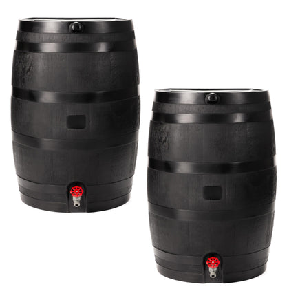 RTS Home Accents eco rain barrel 50-gallon two-pack ready for garden irrigation and water savings.