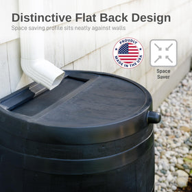 RTS Home Accents ECO rain barrel side view emphasizing durable recycled plastic construction.