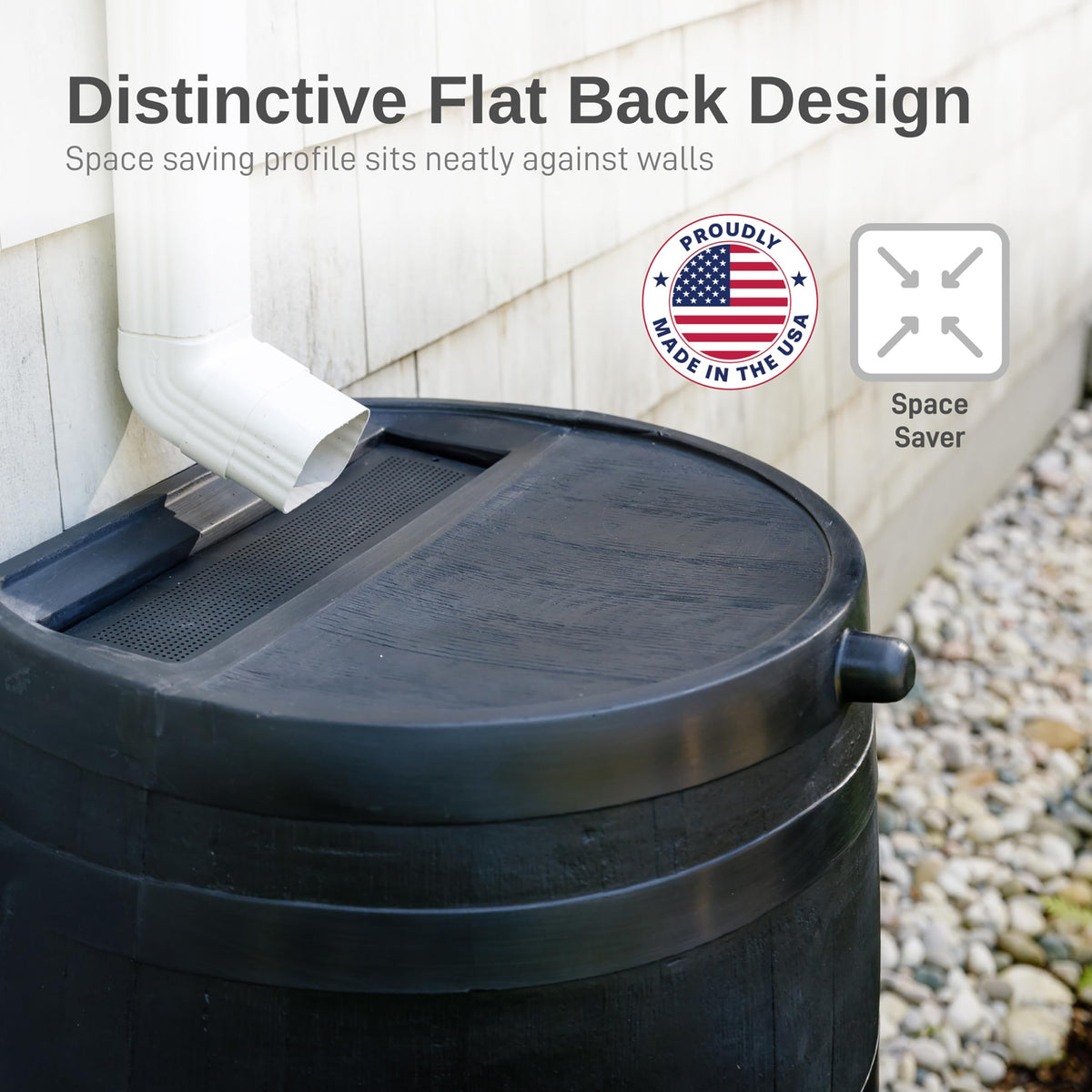 RTS Home Accents flat-back rain barrel fits snugly against exterior walls.
