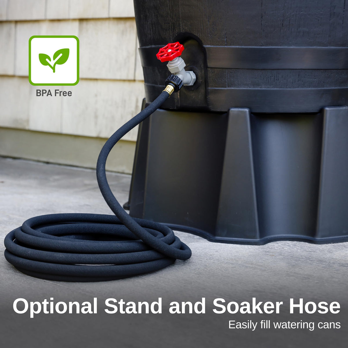 RTS Home Accents rain barrel showcases durable recycled plastic and UV resistance.