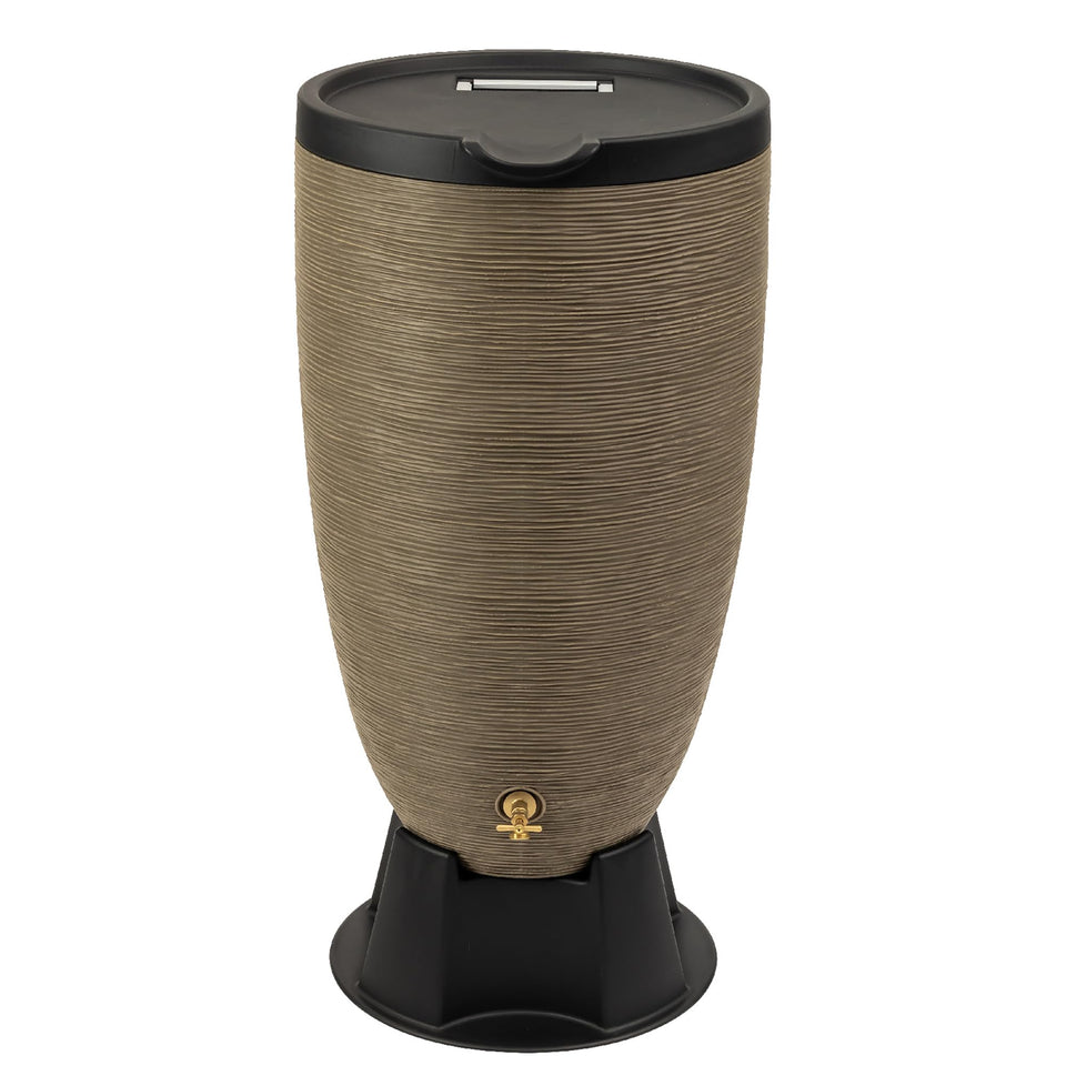 RTS Home Accents Newport rain barrel in sandstone finish with 50-gallon capacity
