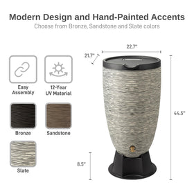 RTS Home Accents Newport rain barrel and stand in a yard setting.