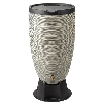 RTS Home Accents Newport 50-gallon rain barrel with stand ready for garden watering.