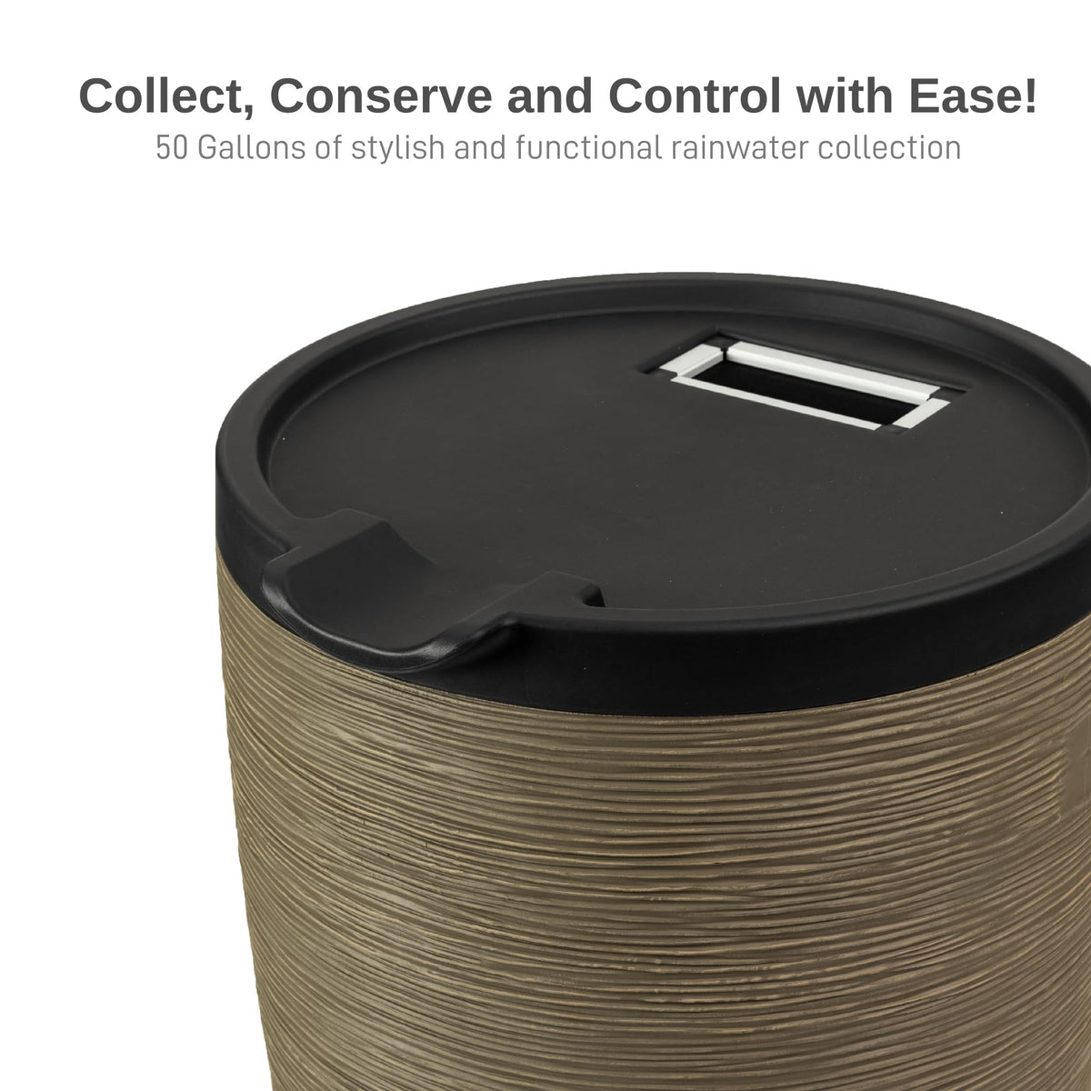 RTS Newport rain barrel on stand for easy access