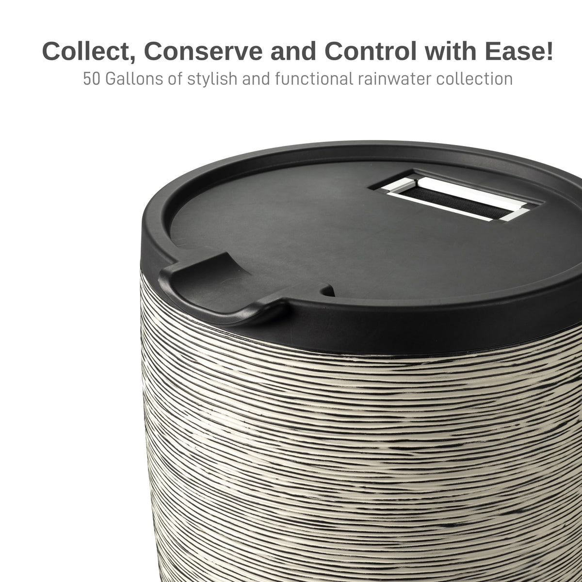 RTS Home Accents slate-colored rain barrel with removable lid, debris kept out.