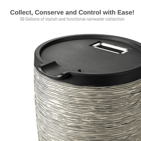 RTS Home Accents slate-colored rain barrel with removable lid, debris kept out.