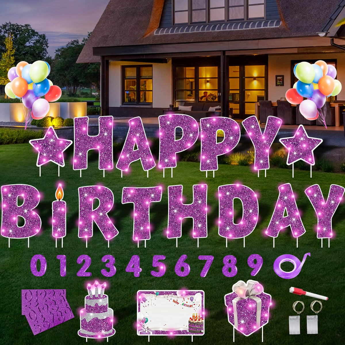 Rtshuok Happy Birthday yard sign with LED light strings for outdoor celebrations.